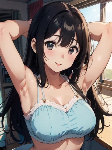 Girl, cute, kawaii, From above, Chest to head, Look up here, smile, Embarrassed, Straight Hair, Long Hair, Black Hair, morning, sunny,full breasts, Wink, standing,
(ONE Arm up behind:1.5),
(shows armpit:1.5), Light shines in,Yawn,bra top, My Room, Waking up