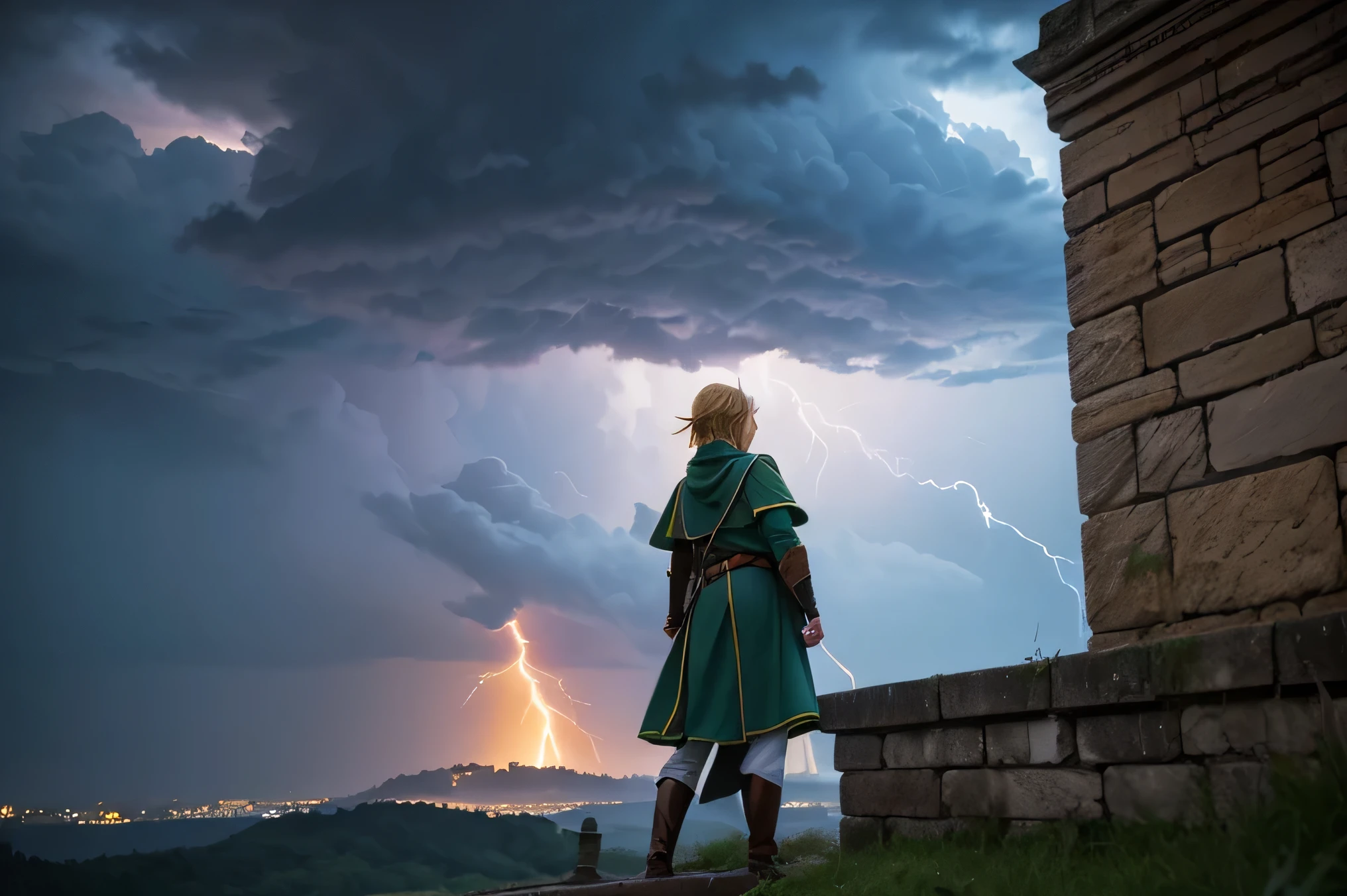 「An image of Link looking into the distance with the castle walls in the background on a stormy night。A severe thunderstorm spreads across the dark sky、The whole sky is covered with dark clouds。Link stands on the castle wall、Staring into the distance while being blown by the wind。His figure exudes a strong will in the wind and rain.、Her green elven clothes and golden hair make her stand out in the storm.。The texture of the stonework of the castle walls is rough.々Enhance your beauty、A flash of lightning briefly illuminates Link&#39;s silhouette and the outline of the castle walls.。The harsh weather and Link&#39;s resolute attitude are emphasized throughout the video.。」