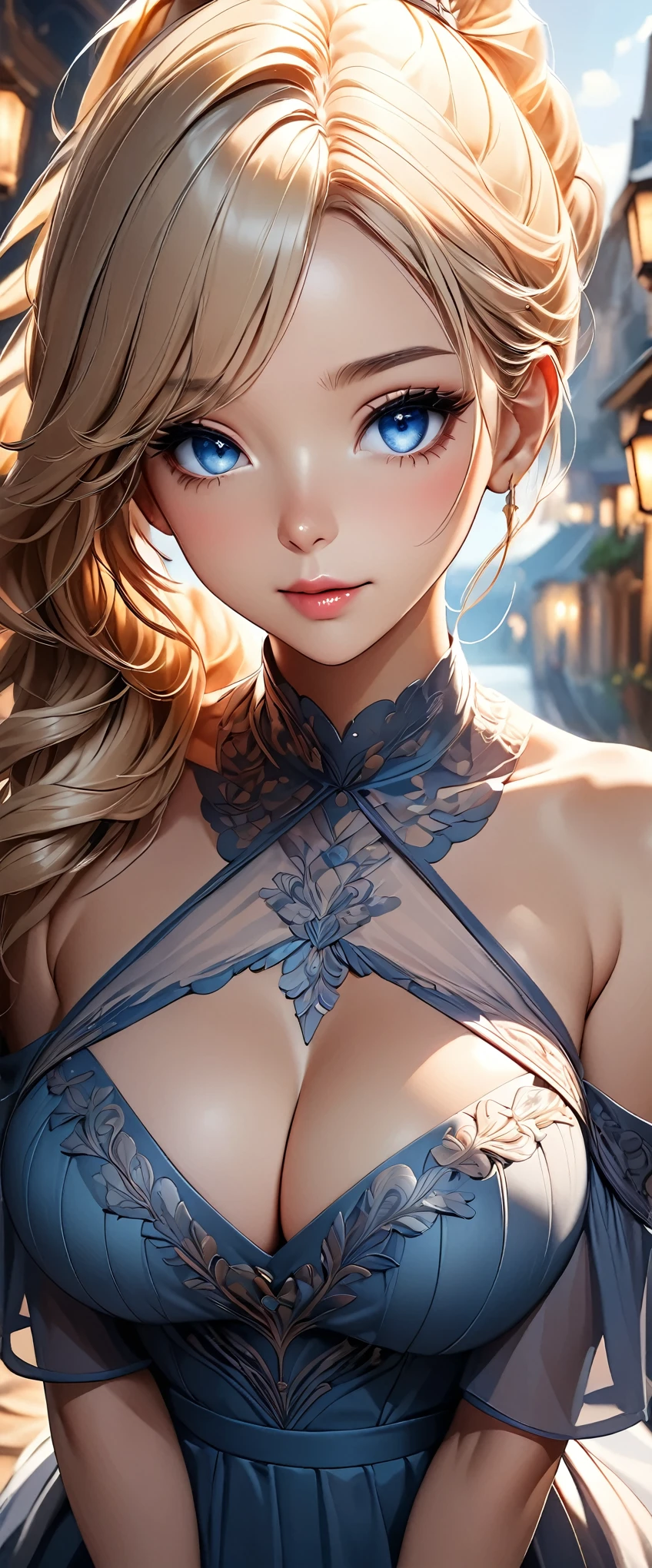 (Highest quality:1.4, Very detailed, Delicate and beautiful CG art, Detailed illustrations, Attention to detail, masterpiece:1.2, Highest quality, Best aesthetics), (((1 girl))), Beautiful face in every detail, Detailed clothing, Attractive European Woman, Off-the-shoulder dress, Sheer dress, (Very cute woman, Soft skin texture, Perfect Face, Perfect Eyes), High long ponytail, Flaxen Hair, Showing off her huge cleavage, Cowboy Shot, Wide-angle lens, Background blur, Shallow depth of field.