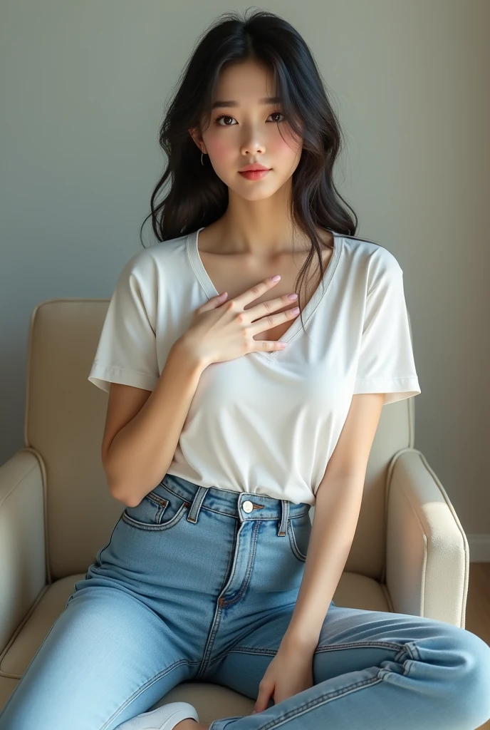 1womanl, (Beautiful breasts), (Details of a very beautiful face), (Best Quality:1.4), 8K resolution, High resolution, (Photorealistic, High resolution:1.4), Raw photo, (Realistic, Photorealsitic:1.37), Gloss on lips,High Girl Uniform Cosplay 、White shirt、Dark blue mini skirt and light blue panties、Light blue panties、chest opened.Light Blue Bra、((detailed hairs:1.2)), Parted Lip,Staring at me, blurry backround、mont,a river、orthofacial,Legs、A smile、Sit on the couch and spread your legs、a necklace