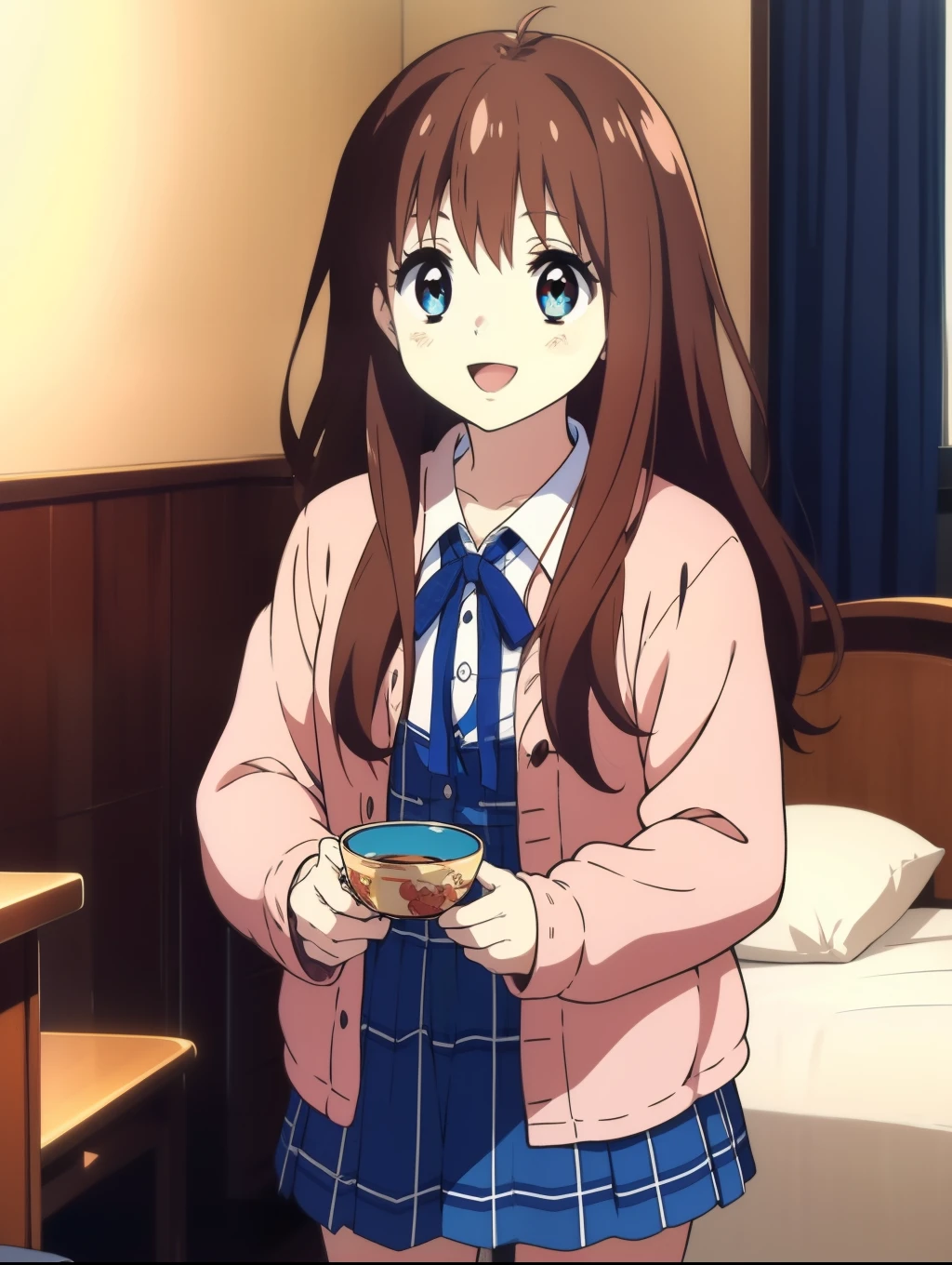 Ai shindou, 1girl, solo, long hair, floating hair, blue skirt, brown hair,  long sleeves, blue sea eyes, plaid, open mouth, smile, plaid skirt, ribbon, cowboy Shot,
home in the room,
masterpiece, high quality, very_high_resolution, large_filesize, full color,