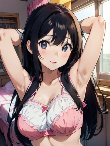 Girl, cute, kawaii, From above, Chest to head, Look up here, smile, Embarrassed, Straight Hair, Long Hair, Black Hair, morning, sunny,full breasts, Wink, standing,
(ONE Arm up behind:1.5),
(shows armpit:1.5), Light shines in,Yawn,bra top, My Room, Waking up