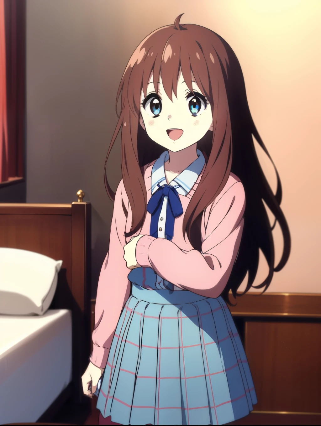 Ai shindou, 1girl, solo, long hair, floating hair, blue skirt, brown hair,  long sleeves, blue sea eyes, plaid, open mouth, smile, plaid skirt, ribbon, cowboy Shot,
home in the room,
masterpiece, high quality, very_high_resolution, large_filesize, full color,