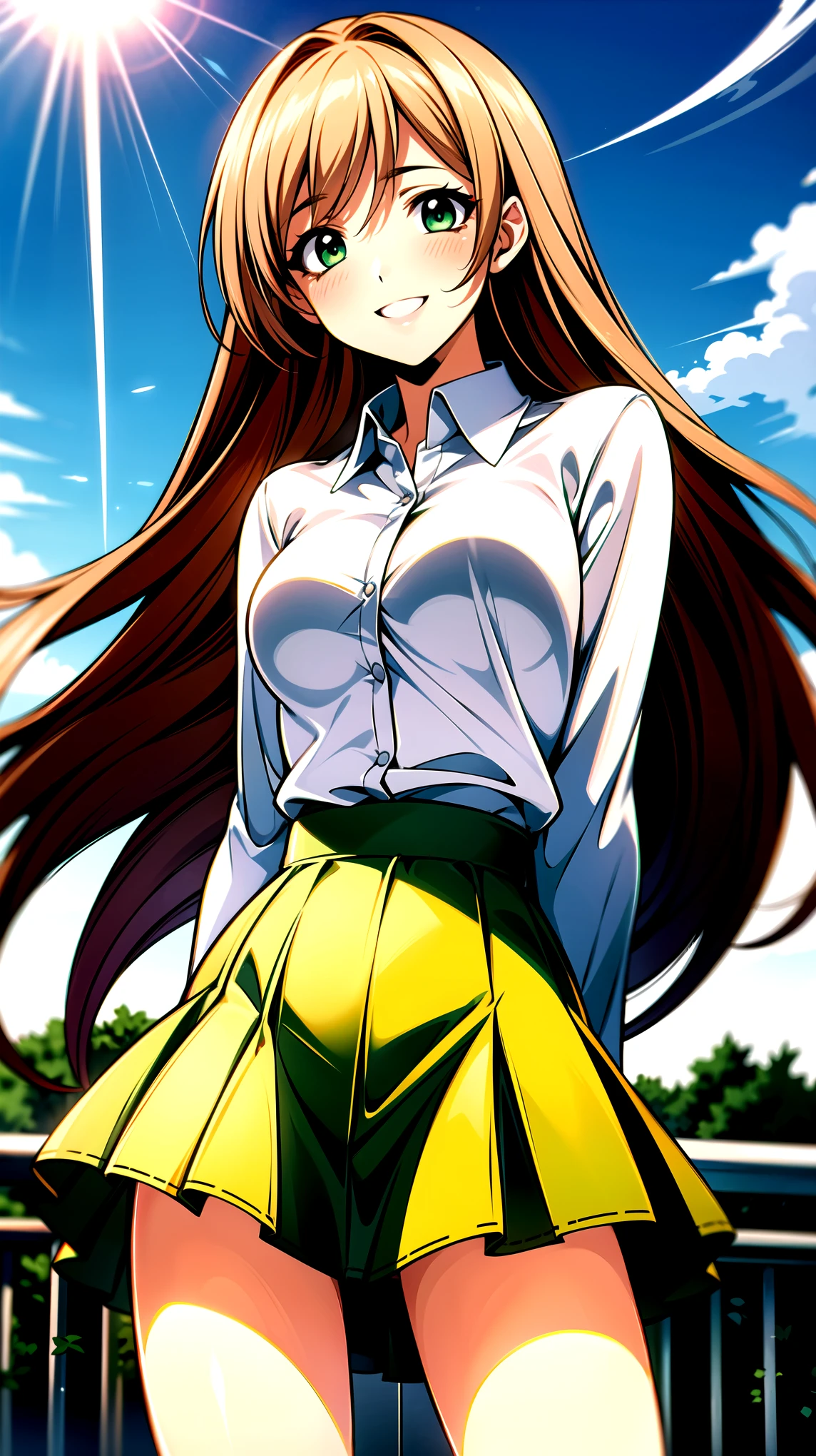 ((super high quality,))((Ultra-high resolution,))(16K,)(super masterpiece,)((Ultra HD ,))(Detailed shading,)Angle from below,One sexy schoolgirl,((Pink long hair,))One long stray hair from the top of the head,Green blazer,(popped Tight collar White shirts,)((The fourth button is undone,))Brown mini skirt,The wind lifts her skirt and hair,Ecstatic smile,blush,A park where you can see the morning sun and blue sky,Open your legs a little,