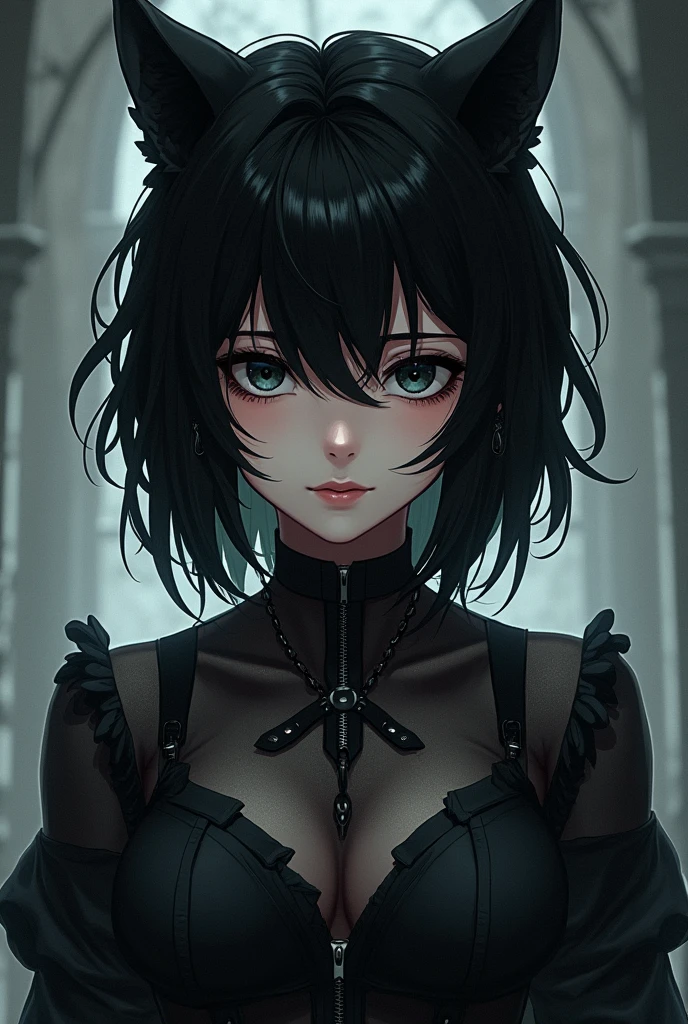 (masterpiece), (best quality), (ultra detailed), 1girl, cat girl, short hair, cat ears, bangs, yellow eyes, bright eyes, detailed eyes, serious expression, small breasts, black dress, jewelry, perfect hands , gothic makeup, in a forest, at night, realistic lighting, horror scene, dynamic angle, dynamic pose, cinematic effect