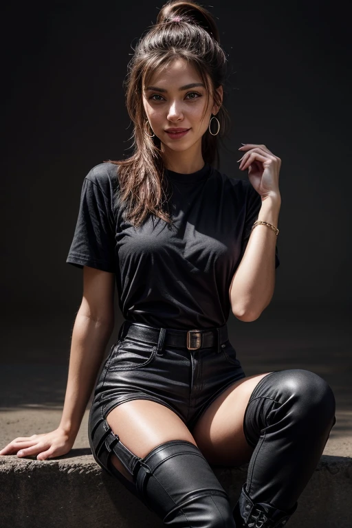 arafed woman in black shirt kneeling on white floor with black boots, portrait sophie mudd, solo photoshoot, skintight black bodysuit, wearing a black bodysuit, photo from a promo shoot, olivia culpo, promotional photoshoot, pretty face with arms and legs, photoshoot, full body photoshoot, glossy magazine photoshoot, skintight black clothes, magazine photoshoot