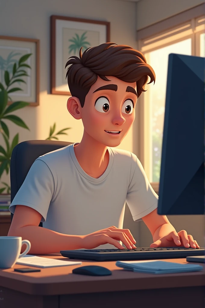 Un jeune qui est dans son ordinateur pendant le jour du soleil