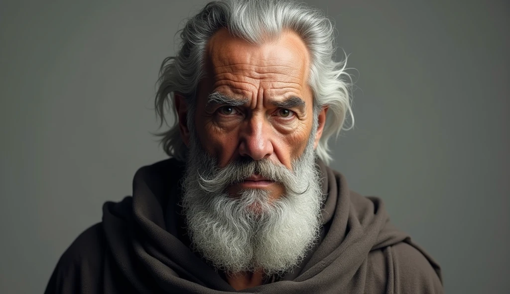 A highly detailed, photorealistic portrait of a wise, elderly man with a long, flowing white beard and a radiant white crown, adorned in an intricately embroidered white robe. The man gazes serenely into the camera, set against a soft, ethereal white sky. Render in the style of a traditional Hindu painting, emphasizing intricate details and divine aura.