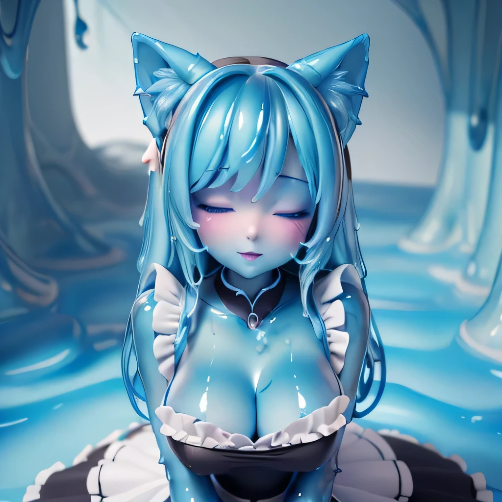  ((masterpiece,best quality,ultra-delicate,Perfect Face,16k,high resolution,very beautiful girl)),blue slime girl,high viscosity slime blue body,black and white maid dress:1.5,cat ears,large breasts,,smile,,standing,blue slimy caves,melting legs,cowboy shot