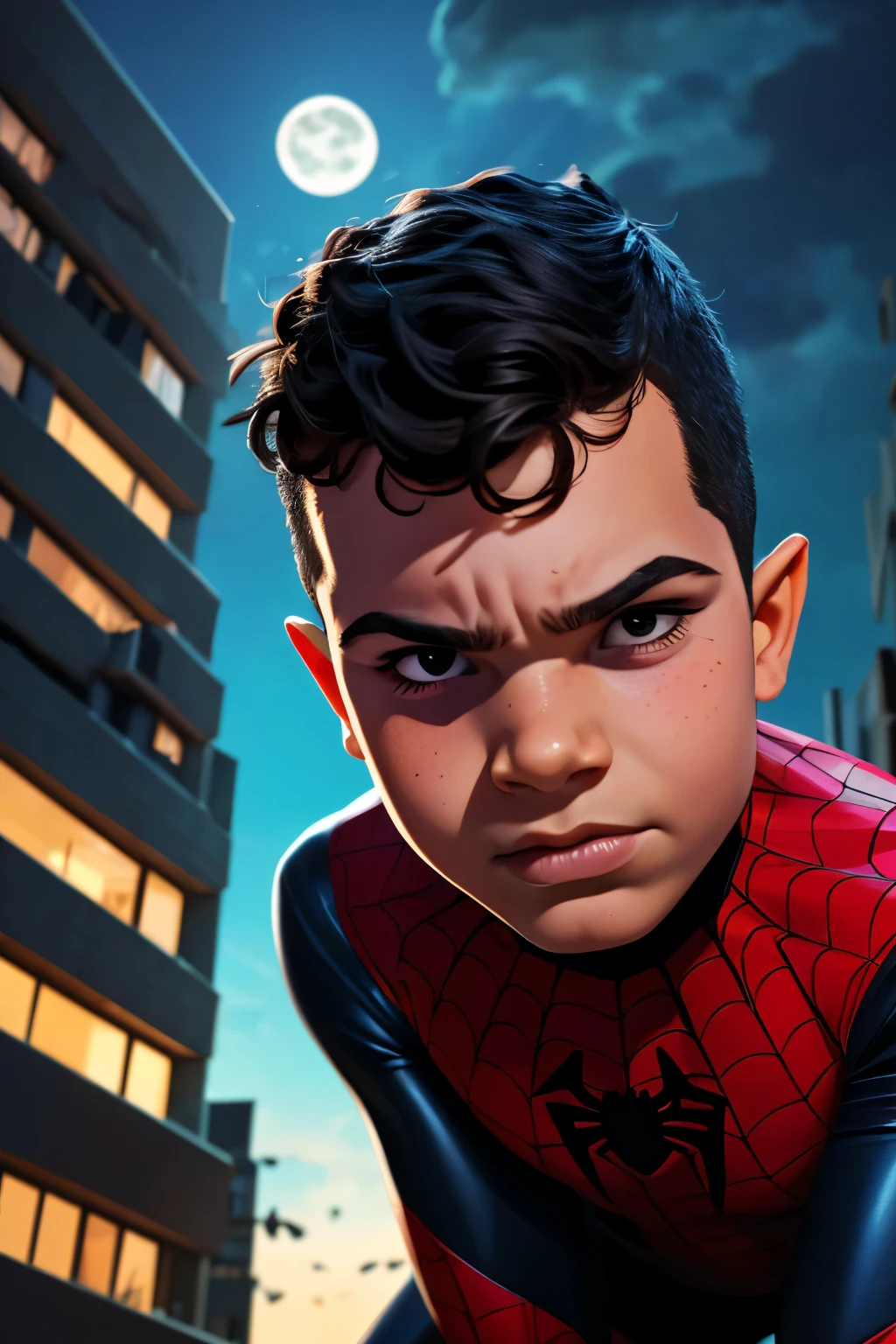 Close-up face, Thoe, ((a boy, ***)), Marvel Comic Panel Drawing: A boy with black eyes, in Dynamic pose, short black hair , over The building under The moonlight, spiderman suit in a city with a fixed gaze 