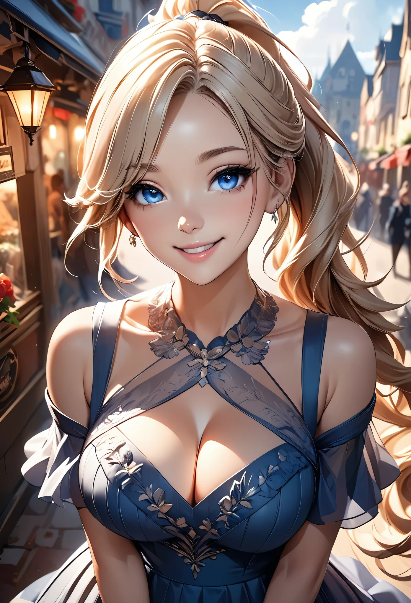 (Highest quality:1.4, Very detailed, Delicate and beautiful CG art, Detailed illustrations, Attention to detail, masterpiece:1.2, Highest quality, Best aesthetics), (((1 girl))), Beautiful face in every detail, Detailed clothing, Attractive European Woman, Off-the-shoulder dress, Sheer dress, So cute, Soft skin texture, Perfect Face, Perfect Eyes,  A captivating smile:1.2, High long ponytail, Flaxen Hair, (Huge cleavage), Wide-angle lens, Background blur, Shallow depth of field.