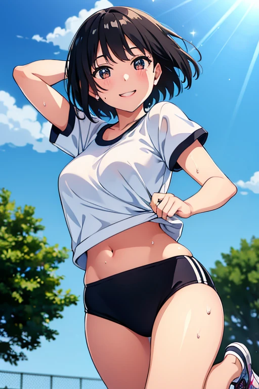 (((Both hands are turning up the white T-shirt))), (((((She's showing off her exposed boobs))))), (((((petite girl))))), ((((small tits)))), ((((exposing her tits)))), (((((dark blue bloomers))))), ((((T-shirt with navy blue hem)))), ((Her crotch is wide open from side to side)), (((Showing off the underside of her thighs))), ((showing off the insides of her thighs)), ((Crotch wide open without bending the knees)), ((Emphasizing the crotch bite)), ((exposing her tits)), ((exposing her tits)), ((exposing her tits)), ((her smile with blushing cheeks)), ((legs open to the left and right most widely)), 8k, high resolution, masterpiece, realistic, In detail, Fine texture, high contrast, alone, natural body shape, (((((brown skin))))), (((((Exposed boob area is a tanning mark from a swimsuit))))), natural makeup, black hair, ((((School-specified gym clothes)))), (((T-shirt on upper body))), ((The lower body is dark blue tight bloomers)), ((sitting with legs apart)), ((small breasts)), looking at the camera, focus on crotch, thighs exposed, white socks, (((sports shoes))), ((Girl with her legs open to the left and right most widely)), crotch out to the front most widely, crotch up, ((full smile)), ((nipples exposed)), ((legs open to the left and right most widely)), ((soft girl)), smiling, ((crotch wide open)), ((not hiding crotch with hands or feet)), ((crotch wide open)), cheerful smile, ((cheerful smile)), crotch wide open, slender girl, front light, PE, ((emphasizing crotch)), smiling for camera, ((soft girl)), ((skinny girl)), ((small breasts)), ((child-like face)), ((Twin-tail hairstyle)), (outdoor), ((legs open to the left and right most widely)), cute elementary school student, Japanese,