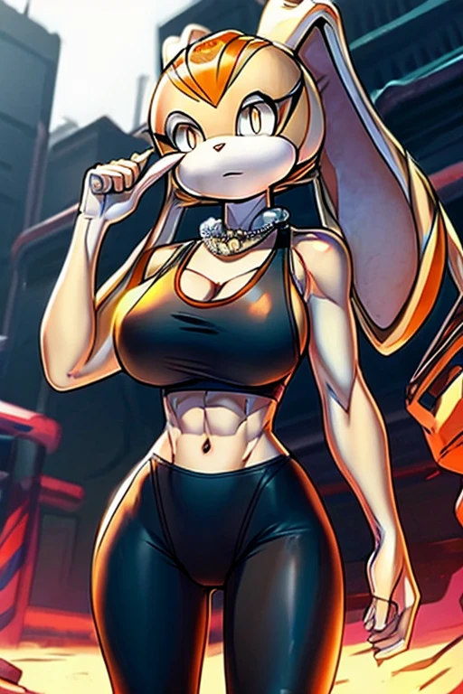 Cream the rabbit, white tank top, black leggings, tank top, busty, small waist, orange hair in ponytail necklace