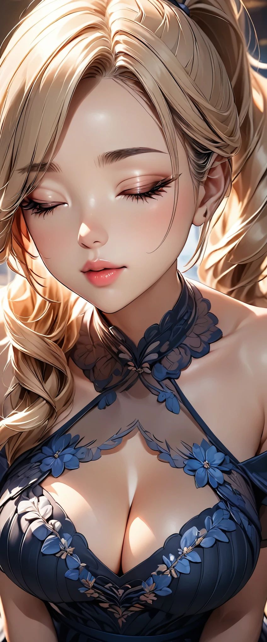 (Highest quality:1.4, Very detailed, Delicate and beautiful CG art, Detailed illustrations, Attention to detail, masterpiece:1.2, Highest quality, Best aesthetics), (((1 girl))), Beautiful face in every detail, Detailed clothing, Attractive European Woman, Off-the-shoulder dress, Sheer dress, (Very cute woman, Soft skin texture, Perfect Face, close your eyes, Kissing Face:1.2), High long ponytail, Flaxen Hair, Showing off her huge cleavage, Cowboy Shot, Wide-angle lens, Background blur, Shallow depth of field.