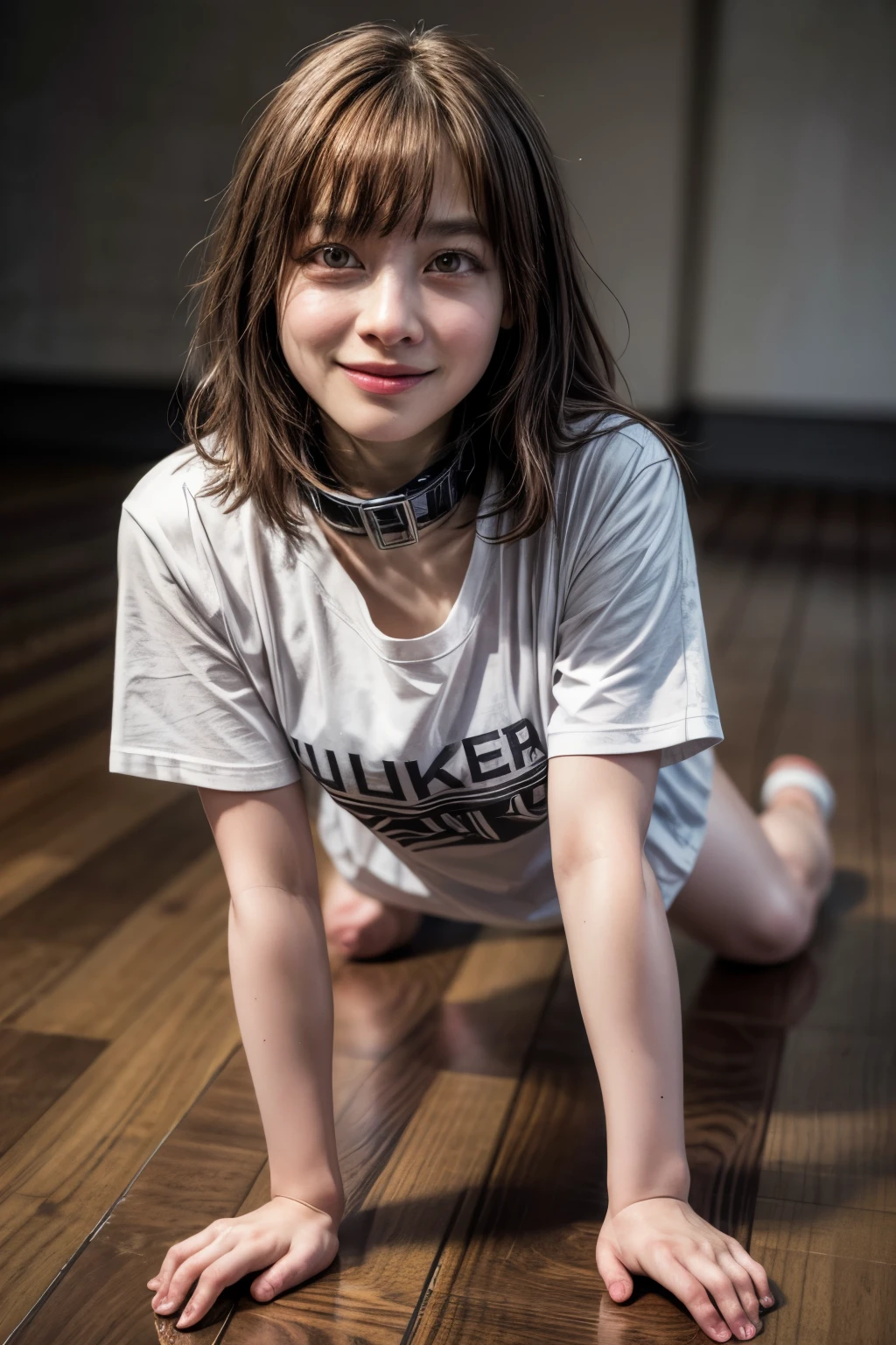 (nsfw:-2),(realistic, photo-realistic:1.4), (master piece, best quality), high resolution, extremely detailed, intricate details, sharp focus, solo, a Japanese mature, (t-shirt,skirt), (face focus, all fours:1.2), (collar:1.25), big smile, detailed face, detailed eyes, sophisticated nose, pale skin, fine-textured skin, simple background, Kanna Hashimoto,