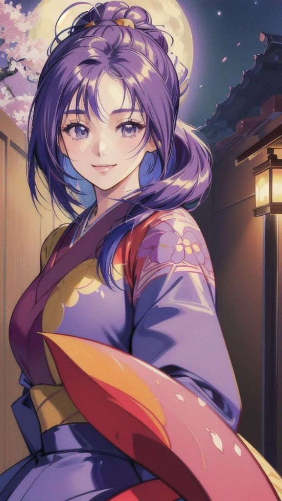 ((masterpiece, Highest quality, Highest quality, Official Art, beautifully、beautiful:1.2)),((masterpiece)),((Vibrant colors)),((Ayako Katagiri)),((A happy smile)),((kimono)),((looks fun)),,(Porch of the ryokan),(Shoulders exposed),(full moon),(Cherry Blossoms at Night),(2),(B Cup Bust),(Kyoto)