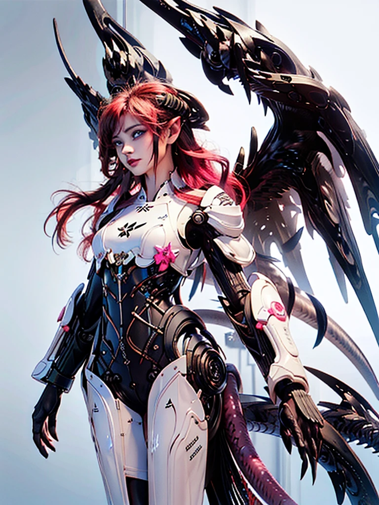  gorgeous woman,purple dark angel,red hair,cyberpunk hairstyles,confident smile,ultra-detailed,sharp focus, [purple gold and dark armor colors], cyberpunk lighting,angel wings,body modifications,neon lights,sci-fi fashion,futuristic cityscape,smoky atmosphere,high-tech accessories,feathers,glowing tattoos, wings, garden, roses, night