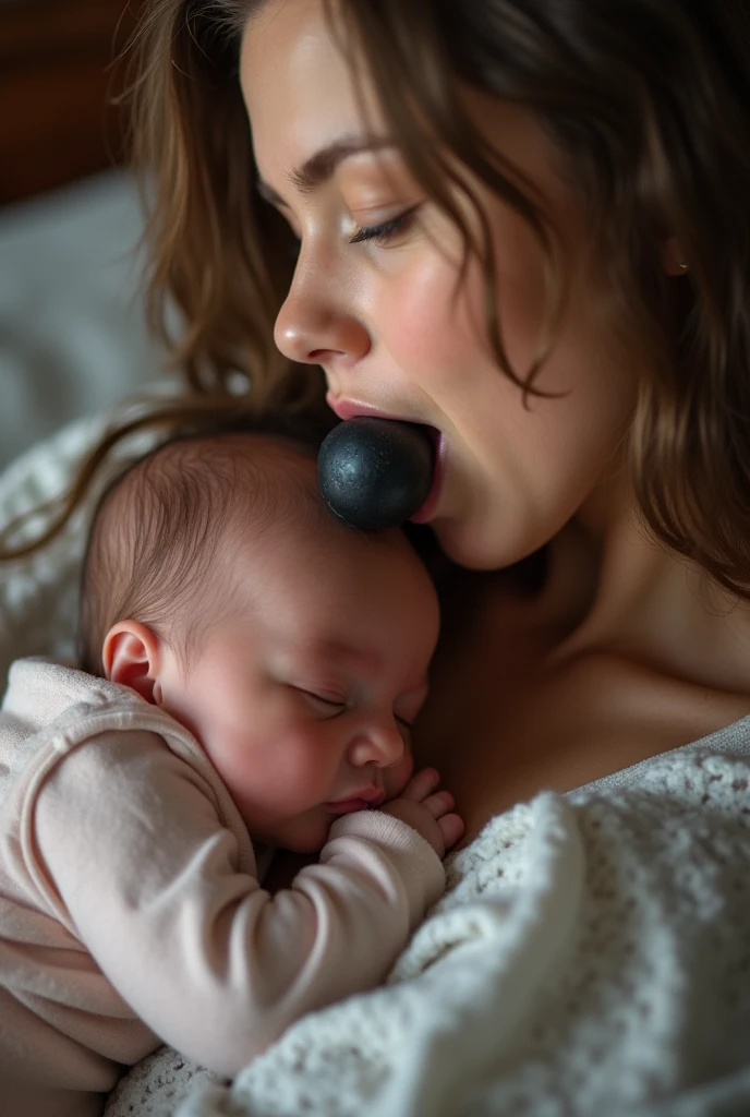 mother and baby, baby has a lonother has big breasts, supple breasts, shiny breasts, sharp nose, short hair and a ponytail, breastfeeding