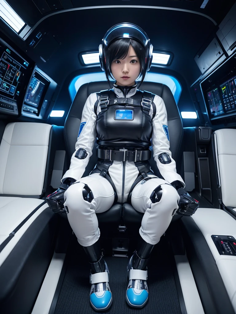 (Ultra-high resolution,Realistic,Highest quality,Photorealistic),(8k,RAW Photos,Highest quality,masterpiece),(Photon Mapping,Radio City,Physically Based Rendering,Auto White Balance),Japanese female android,Black Hair,The spaceship's cockpit,Secured to the seat with a thick harness,Plump,Slightly thicker,Squat,White robot suit,There is a control panel on the chest.,Surrounded by machines,