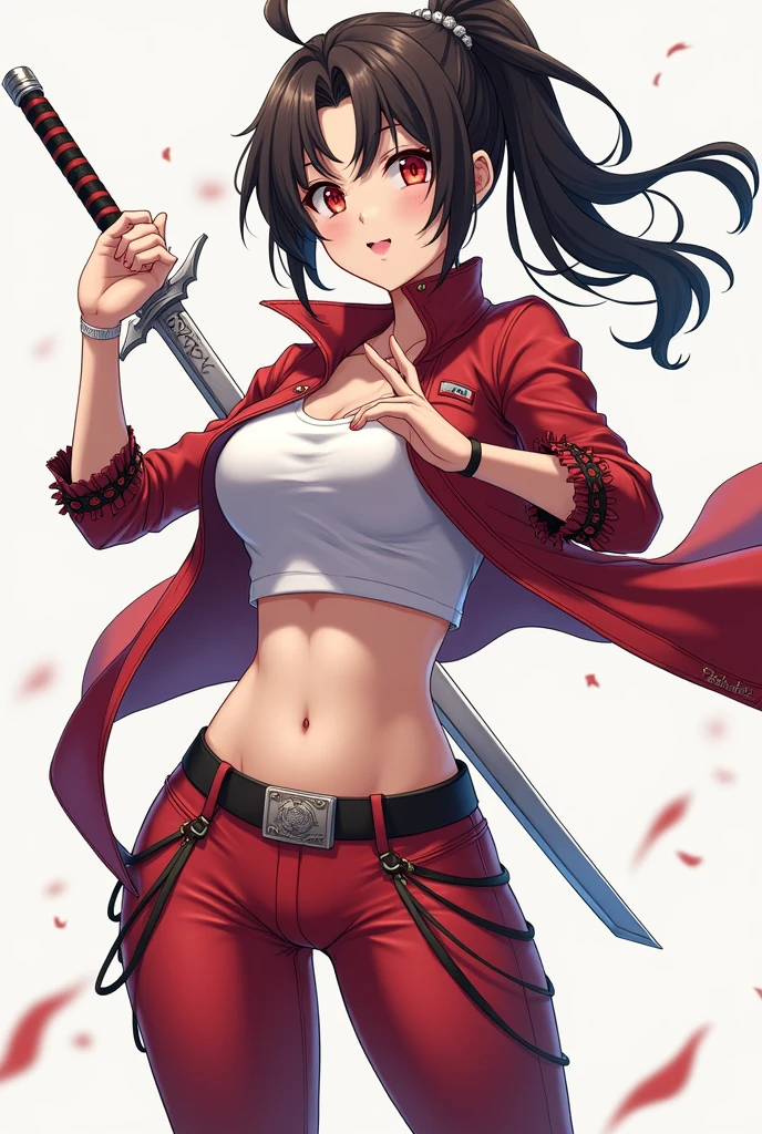 a slender japanese young woman with red eyes, very long red and black hair and small breasts. she is wearing a red jacket, tight black shorts, a black cropped top. she has japanese style tattoos on her body. holding a katana. full body view