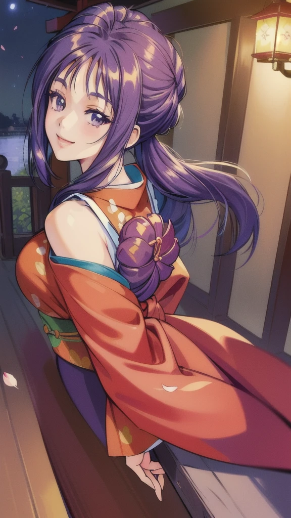 ((masterpiece, Highest quality, Highest quality, Official Art, beautifully、beautiful:1.2)),((masterpiece)),((Vibrant colors)),((Ayako Katagiri)),((A happy smile)),((kimono)),((looks fun)),,(Porch of the ryokan),(Shoulders exposed),(full moon),(Cherry Blossoms at Night),(2),(B Cup Bust),(Kyoto)