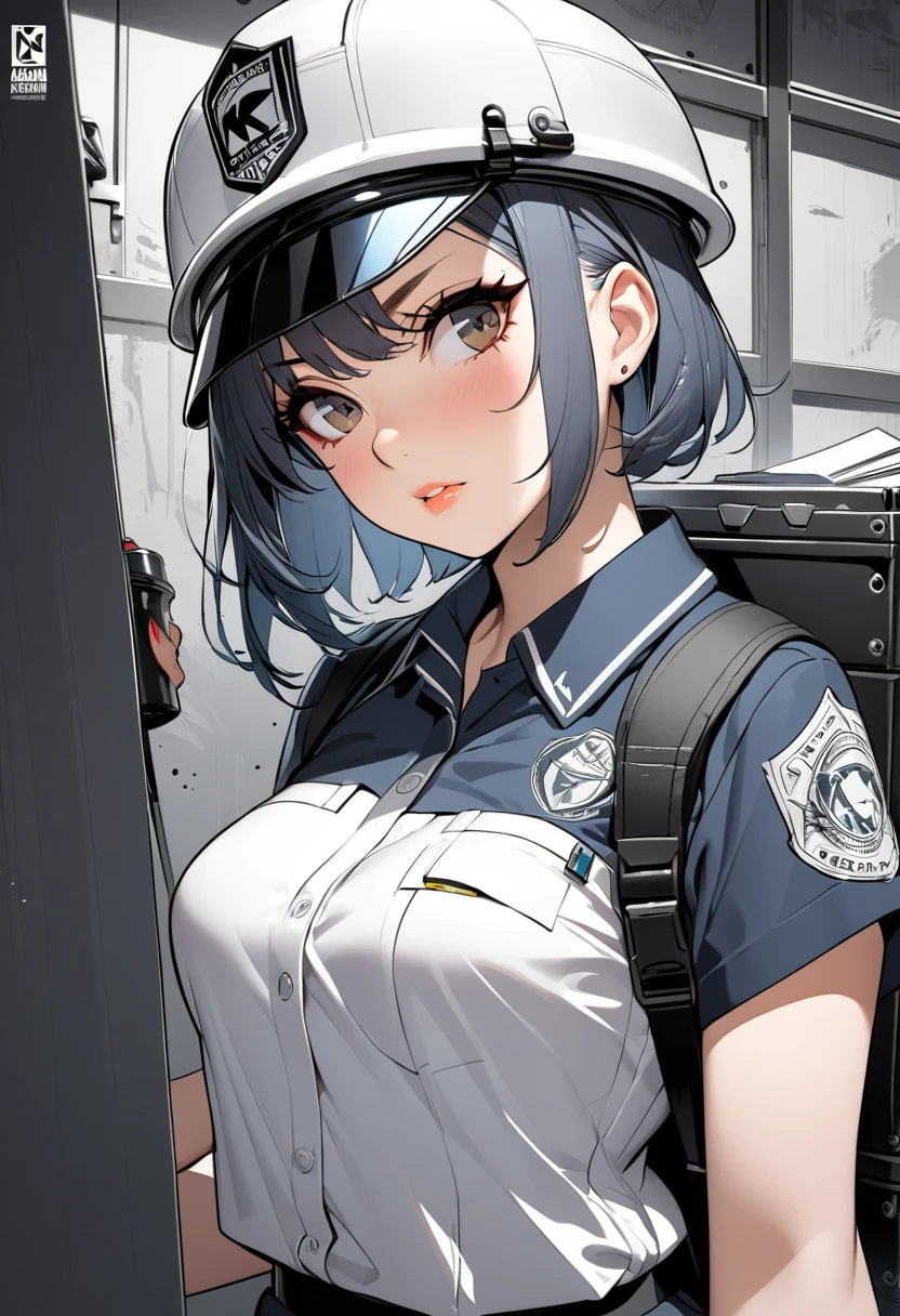 blue hair,big breasts,Police attire,Restraining arms and legs,Very short skirt,Fluffy bra,garter belt, black stockings,Arm and leg restrained from ceiling,A painful look,blush,open your mouth wide,Drool,tongue,sweaty
