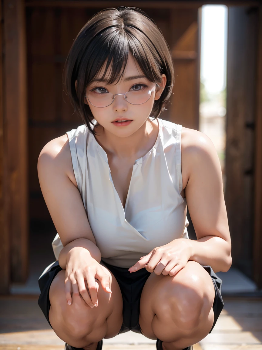 8k, RAW Photos, Highest quality, masterpiece, Realistic, Realistic, (1 Ultimate beauty), ((Cosplayer wearing a sleeveless shirt and wide pants)),(Strictly adhere to a composition where only one person appears in the photo)、(By the pool)(Wear rimless glasses)((Get into a squat position))Highly detailed face, (Perfect Teeth), fine grain, double eyelid, eyelash, Lip details, (((Black short bob hair), (((Very large breasts)))Big Breasts,(((Accentuate the crotch)))(((Accentuate the crotch)))((Sexy pose))Cowboy Shot,  Soft Light, ((Written boundary depth)) 
Proceed with caution，((,Japanese women)), (((moderately fleshy body, Tight waist))), (((Realistic))(((Front view)))