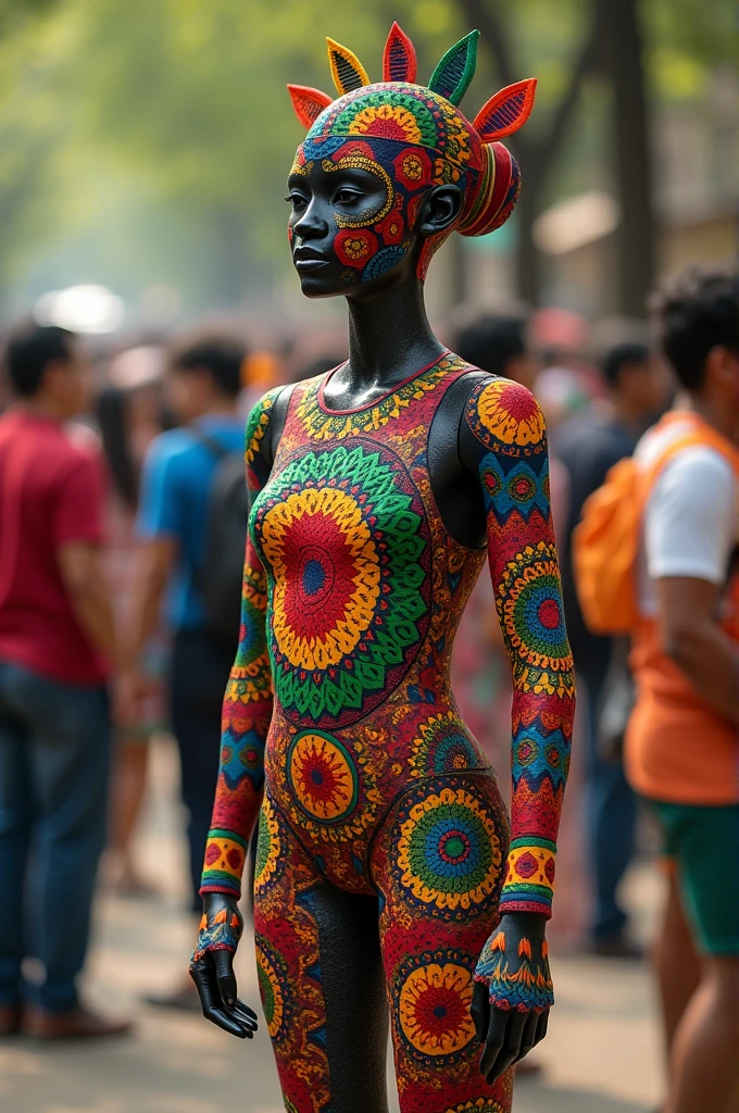 Naked full body of a young beautiful female street performer with body painting of a clown costume all over her body