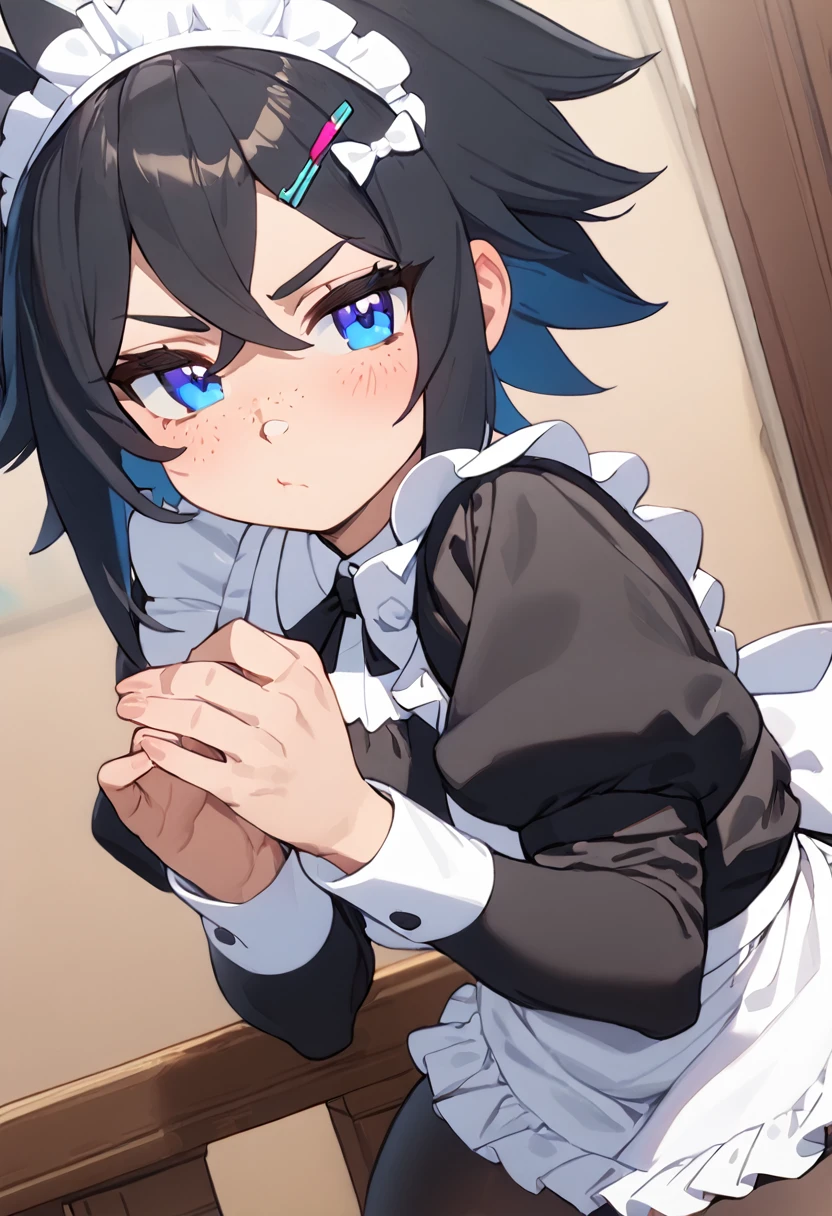 score_9, score_8_up, score_7_up, source_anime, 1girl, blue hair, medium hair, one curl, forehead, blue eyes, cat ears, flat chest, eyeglasses, micro bikini maid, headdress, blouse, skirt, apron, areola, fellatio, deepthroat, cheek bulge, cumshot, cum in mouth, fat man, penis, pov, from above, private room, mansion,