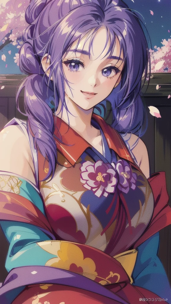 an illustration of a woman in traditional chinese costume，Anime aesthetic style，32k ULTRAHD，Blink and details you miss，I can't believe how beautiful this is，anime-style character，beige and aquamarine，closeup cleavage， Best quality, Masterpiece, cheerfulness, Bare legs, japanese temples, (Best quality, Masterpiece, 8K wallpaper: 1.2), ((Pale skin)), 1 girl, solo female, ((Genshin influence is influencing, General Thunder)), Lightning particles, Purple thunderbolt, Bright background, cherry tree, purple color-theme, Delicate facial features, Sexy beautiful cartoon girl, General Thunder, Purple hair, Red lips, Animated mouth,