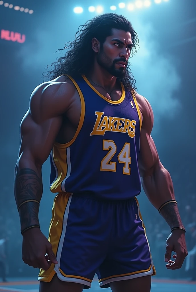 negroid,Strong,The skin is darker,bald-headed,No beard,Wear the Lakers' No. 24 jersey --auto
