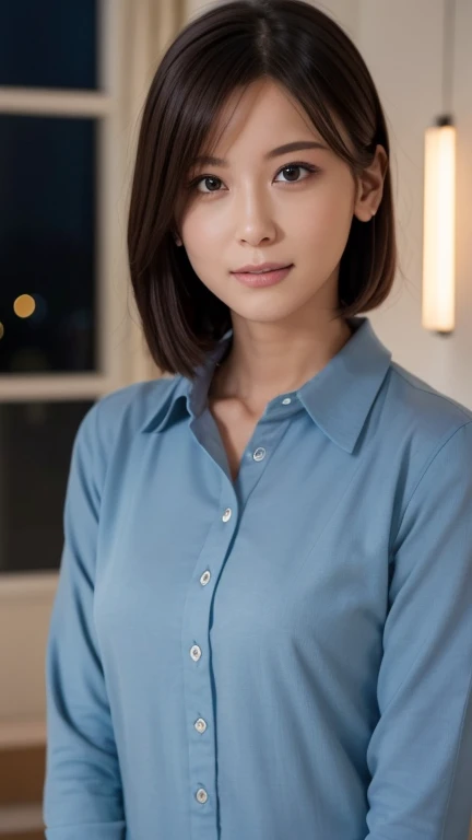 A beautiful young woman standing in my room at night, wearing a navy blue collared shirt, bathed in soft, cinematic lighting. She has extremely detailed and delicate facial features, with beautiful eyes, nose, and lips. The image is a high-quality, photorealistic masterpiece, captured in 2K resolution with amazing, finely detailed rendering, perfect anatomy, and a slender, small frame. The lighting is fantastic, with a fantastic illumination from the house lights, creating a beautiful and atmospheric scene.