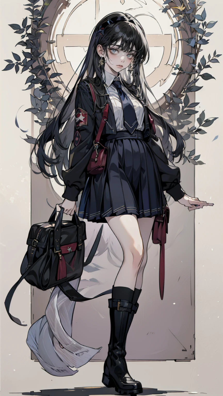 Anime Style、Storytelling、、beautiful girl、とてもcute天使、Red school bag、cute、Baby Face、smile、Long skirt、Black long boots、Very cute headband、Very cute dress

