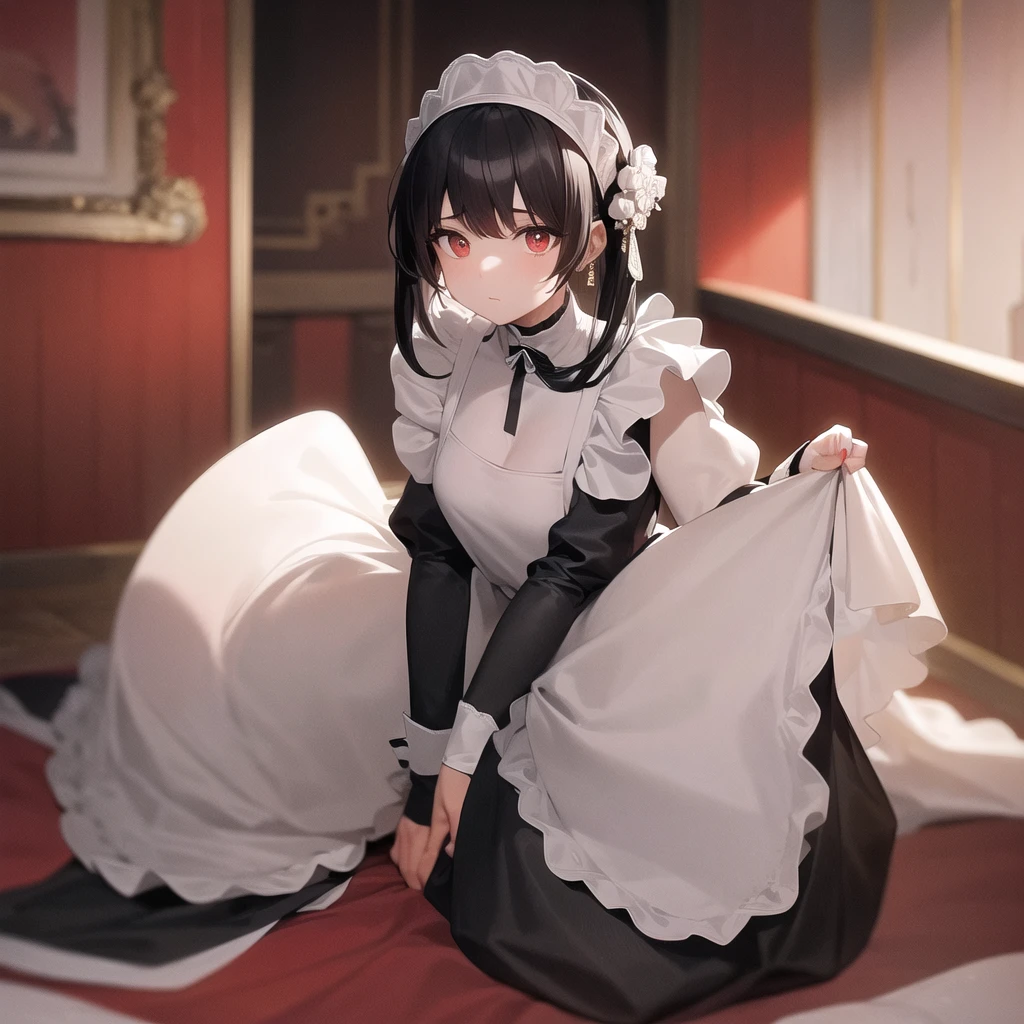 (Masterpiece. Best quality. 8K. Sharp focus. Depth of field, Best shadows. Perfect lighting. HDR. Realistic skin texture. Ultra-detailed background. Detailing.) 1 girl. Maid. Slave. Maid uniform. Slave collar. Shackles. Big boobs. Snotty sneezing. Snot. Nasal mucus. Snotty splashes. Achoo. Sneezing into hands. Standing. Full body.