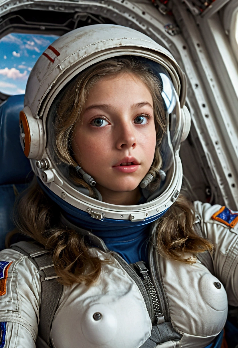 1 girl, age13, beautiful detailed eyes, large breasts, biting her lower lip, extremely detailed face and features, long eyelashes, sexy astronaut suit, helmet closed, in rocket seat, inside a spaceship coming in for reentry in Earth's atmosphere, natural lighting, cinematic composition, highly detailed, photorealistic, 8k, artwork