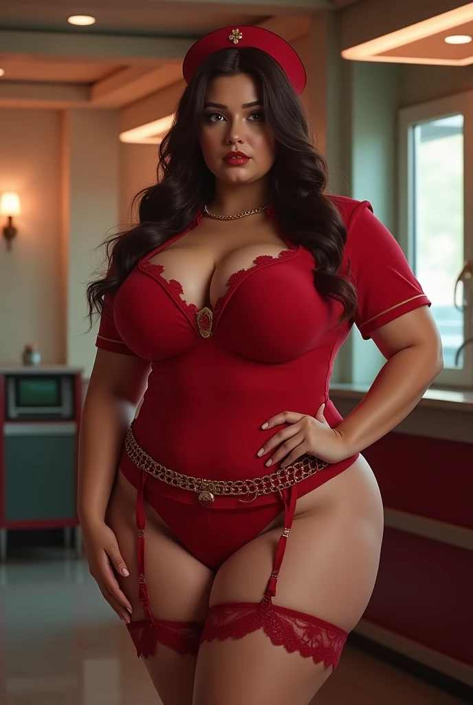The background is in a dimly lit bedroom, a 30-year-old woman, red bra, red panties, full body, black stockings, big breasts, plump, big eyes, wearing a headdress, clothes transparent, sexy, armpit hair, no clothes --auto --s2