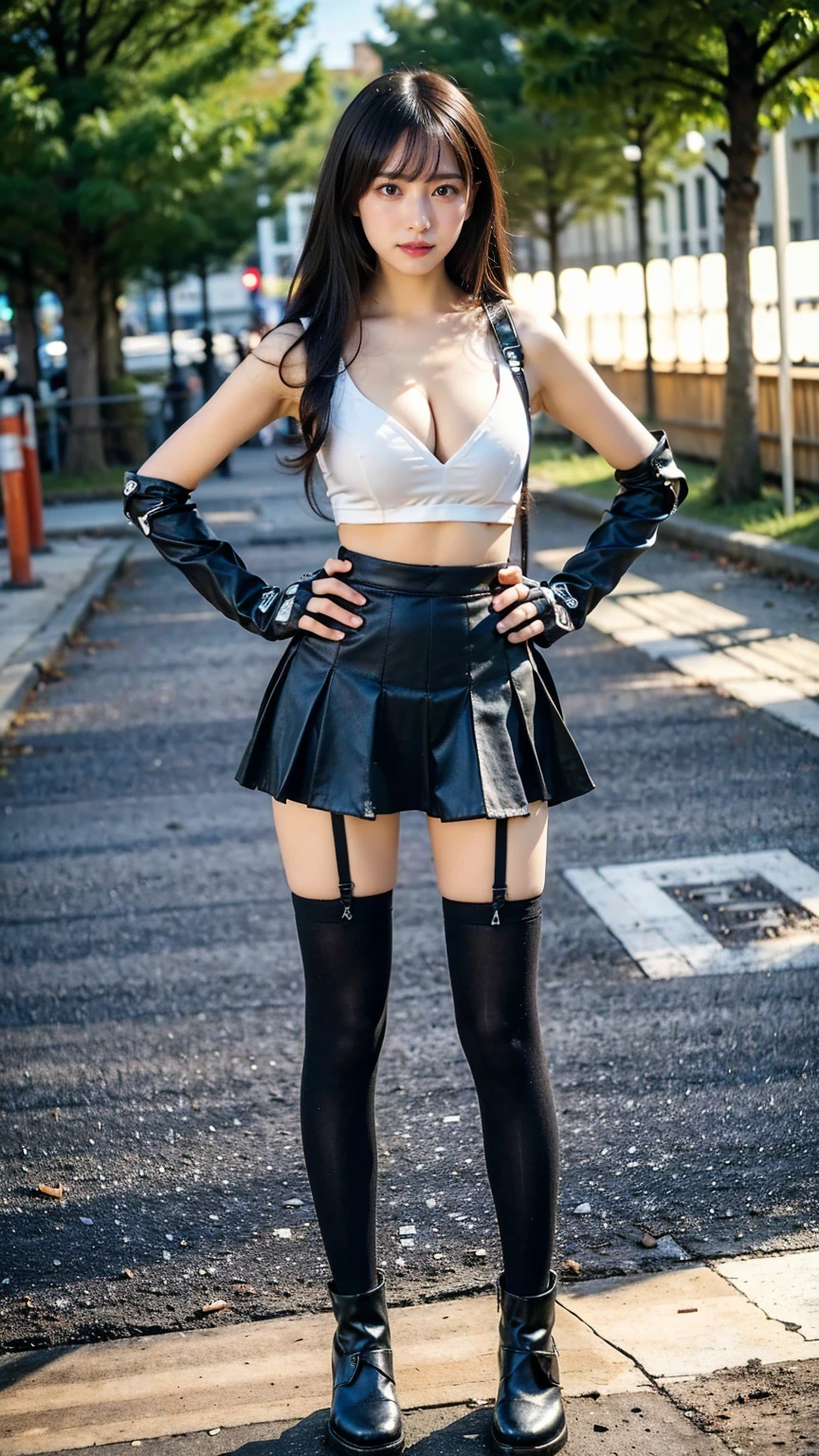 highest quality，masterpiece，High resolution，(beautiful face)，looking at the viewer，Are standing，（（Half body）），（（white vest）），（（black leather skirt）），gloved hands，right arm hanging down