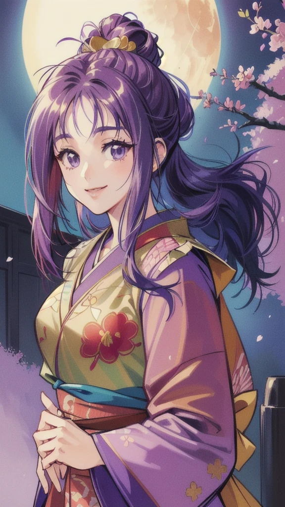 ((masterpiece, Highest quality, Highest quality, Official Art, beautifully、beautiful:1.2)),((masterpiece)),((Vibrant colors)),((Ayako Katagiri)),((A happy smile)),((kimono)),((looks fun)),(full moon),(Cherry Blossoms at Night),(B Cup Bust),(Kyoto)