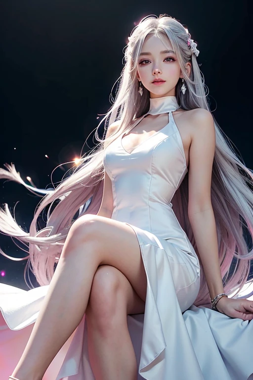 highest quality、8k Masterpiece、超A high resolution、(Photorealistic:1.3)、RAW Photos、1 girl、Silvery white super long hair、Glowing Skin、1. Super-beautiful Cyberpunk Soldiers、((Ultra-Realistic Details))、Portrait、Global Illumination、Shadow、Octane Rendering、8k、Super sharp、Beautiful breasts、Metal、Cold colors、、Very intricate details、Realistic Light、CGSoation Trend、Beautiful Eyes、Shining Eyes、To the camera、Neon Details、20age、Too beautiful face、Intelligence、Obscene、Sexy、Moe、smile、whole body、Healthy Body、Manhattan at night in the background、Helipad on a high-rise building、love、Long Hair、Charm、mischievous、More sexy、Hands on chest、Make your background more vibrant、White Party Dress、Future、Angle to toes、Whiter skin、White High Heels、Standing posture、More realistic facial features、smile、Retrospective、wide shot、full body、Silver charm on the ankle、A more realistic Japanese person、Long dress