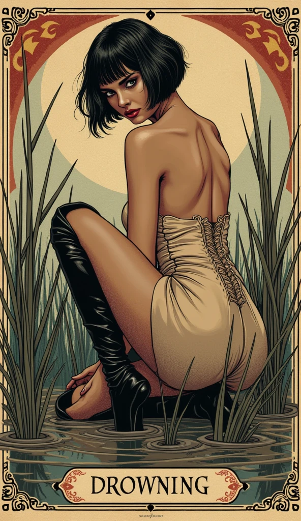 vector image, anime, close-up, mature woman head , gloomy desperate shameful orgasm, gothic look, strong blush, tight lace dress with narrow straps, nylon black stockings with garters, drowning in the middle of quicksand bog,sky, red lips,provocative photo session, bushes