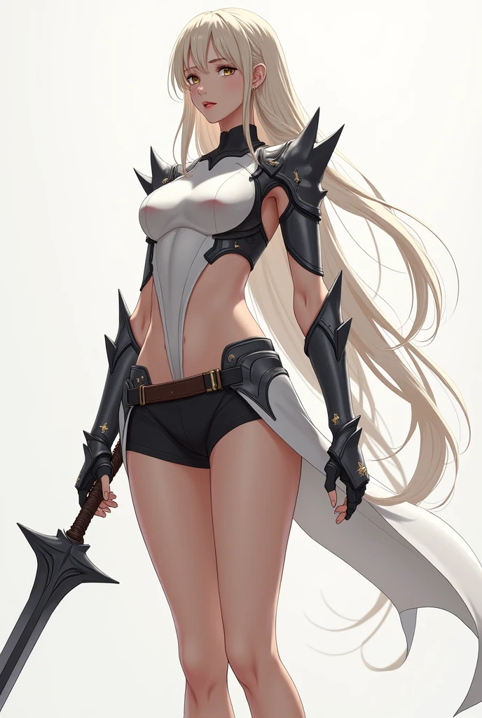 (hyper realist), (illustration), (high resolution), (8k), (extremely detaild), (best illustration), (beautiful eyes detailedbest quality), (super verbose), (work of art), (wall-paper), (face detailed), standing alone, 1 girl, blond, heterochromic eyes (sexy armor), (low thong thong), Legs long, tight abdomen, no chest leak, (((flat-chested))), (camel toe), (see through), background plain, standing