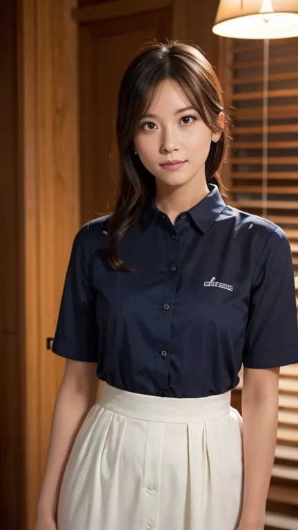 A beautiful young woman standing in my room at night, wearing a navy blue collared shirt, bathed in soft, cinematic lighting. She has extremely detailed and delicate facial features, with beautiful eyes, nose, and lips. The image is a high-quality, photorealistic masterpiece, captured in 2K resolution with amazing, finely detailed rendering, perfect anatomy, and a slender, small frame. The lighting is fantastic, with a fantastic illumination from the house lights, creating a beautiful and atmospheric scene.