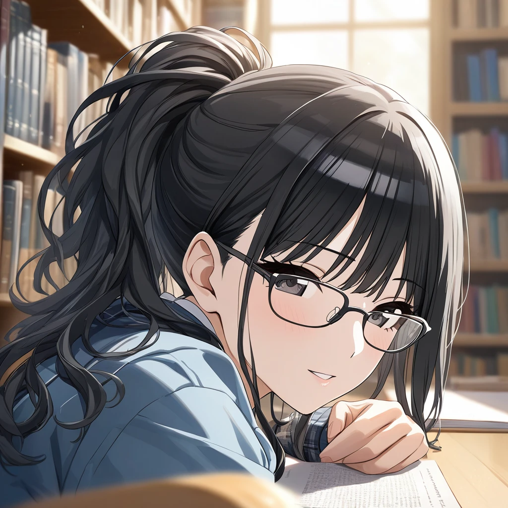 (masterpiece),(Highest quality),(Very detailed),(Best illustrations),(Best Shadow),(disorganized),(Detailed Background),(so beautiful), 
Official Style,
hiori kazano, ponytail, black hair, black eyes,
The Idolmaster Shiny Colors,

school uniform,
Glasses,
alone,
Library,
Background Blur, 
(Realistic Skin:0.8),
focus on face,