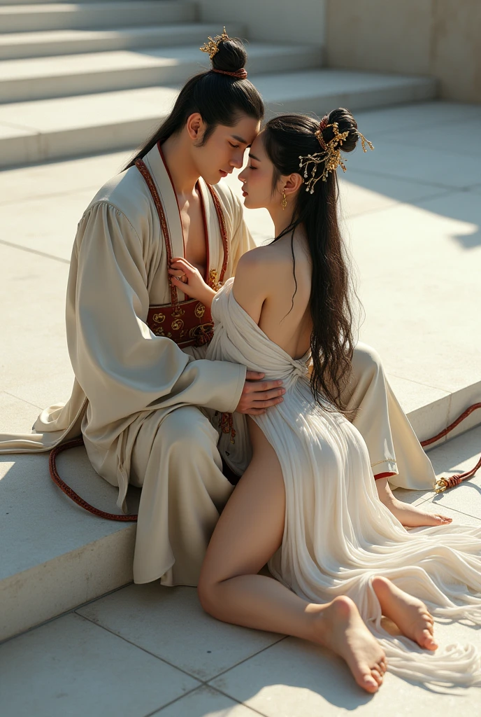 (couple cuddling) rough man Zeus muscular naked, beautiful, sexy, big breasts, cleavage, bare legs, see-through, standing, hanfu, wet, clear, realistic, highest detail, Chinese mythology, dragon pattern, phoenix, sacred, holy, golden mountains, heavenly palace, countless palaces, clouds, golden light