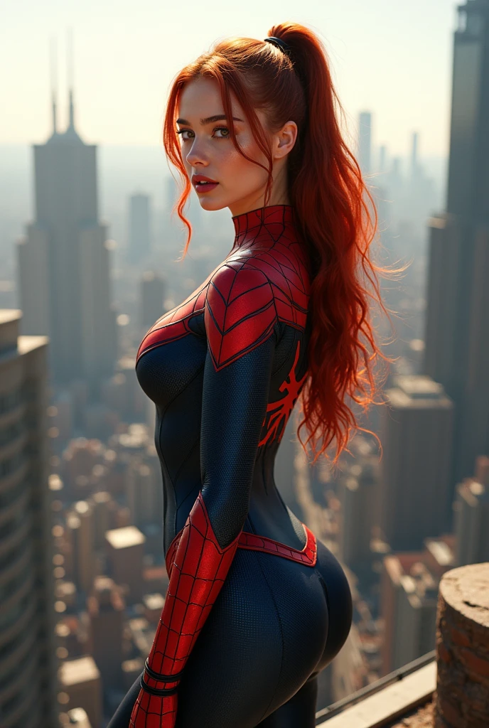 Erotic Photo, (1 girl:1.3), alone, (((Very detailed face)))), ((very detailed eyes and face)))), nicee Detailaugen, Body Parts__, offcial art, unified 8k wallpaper, super detailed, nice and nice, nice, masterpiece, best quality, Original, masterpiece, super nice photo, best quality, super high resolution, Realistic Realism, sun light, Full body portrait, amazing niceness, dynamic pose, tender face, shining eyes, (from front view), She wears a chain harness cut out Spider-Man lingerie suit, Color scheme in red and black, spider, highly detailed city skyline background, roof, with a view of the city, detailed face, detailed complex busy background, messy, Beautiful, highly detailed skin, Realistic Skin Detail, Visible pores, Clear focus, volumetric fog, 8K UHD, dslr, good quality, film grain, light skin, Photo-realism, Lomographie, futuristic dystopian megapolis, Translucent, stocking, intricate erotic detaillierte emblems and symbols, upskirt, cameltoe, Kirsten Dunst,nsfw, lingerie, lolita vinyl style,very string micro lingerie style, Seductive stocking, ginger haired, Nsfw,upskirt, cameltoe, pubic hair area, very much skin, very nude,red-black outfit with spiderman style