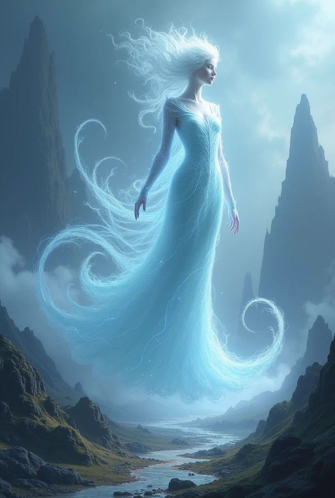 Create a water being, its body should be made of pure water with hair of water, on top of a mountain of pure water 