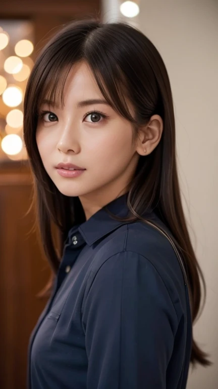 A beautiful young woman standing in my room at night, wearing a navy blue collared shirt, bathed in soft, cinematic lighting. She has extremely detailed and delicate facial features, with beautiful eyes, nose, and lips. The image is a high-quality, photorealistic masterpiece, captured in 2K resolution with amazing, finely detailed rendering, perfect anatomy, and a slender, small frame. The lighting is fantastic, with a fantastic illumination from the house lights, creating a beautiful and atmospheric scene, Fujifilm, from side,