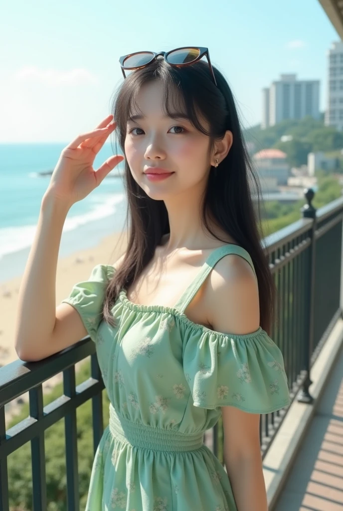masterpiece, best quality, best quality, official art, beautiful and aesthetic:1.2),1 girl, alone, headdress, Bright colored swimsuit, black hair, blue eyes, off shoulder, looking at viewer, possession, assembly, A beach with pure white sand and emerald waves, bright smile
