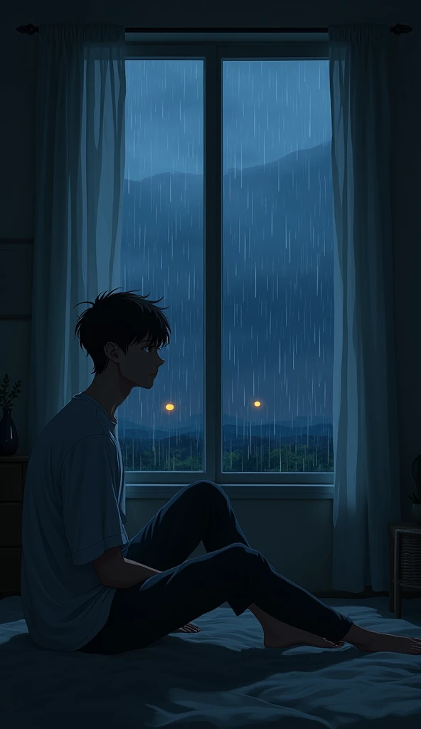 Adult anime boy sitting on a couch smoking and looking out the window at night with rain that can only be seen from the waist up 
