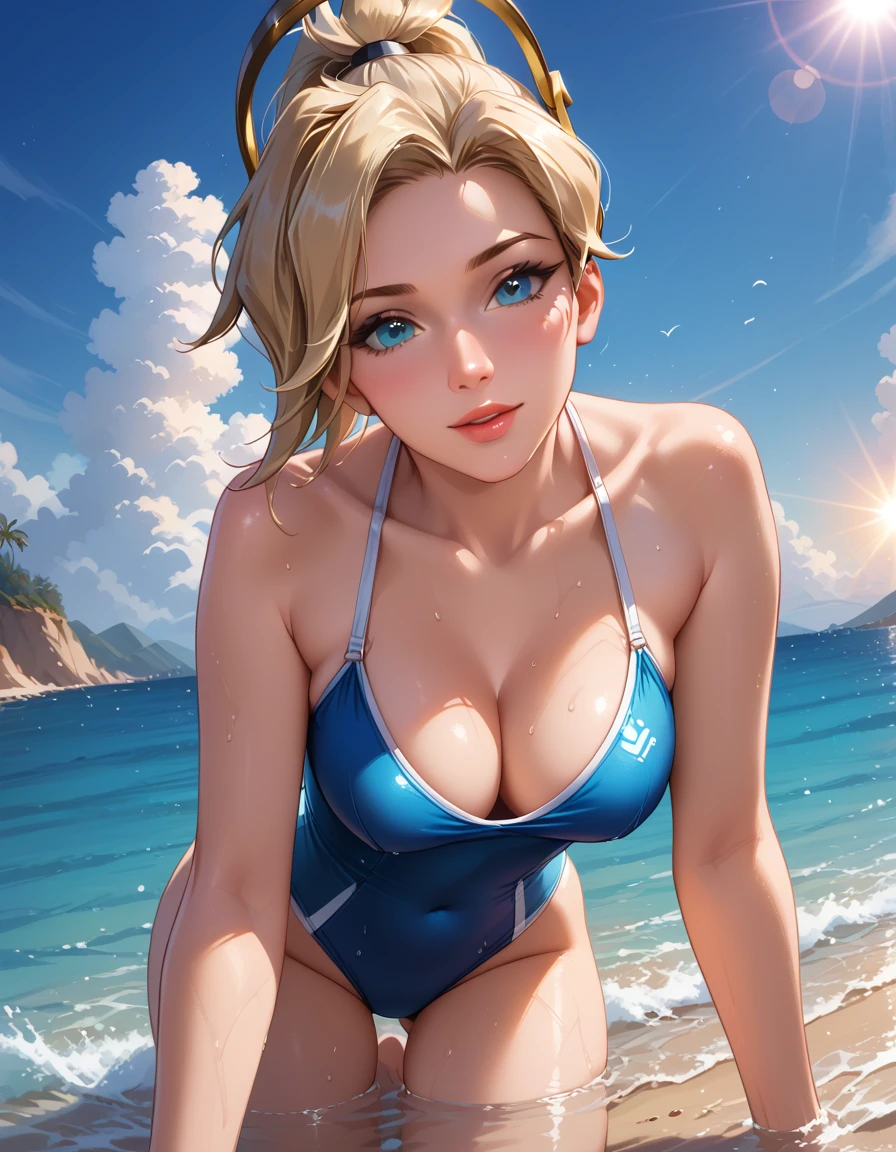 score_9, score_8_up, score_7_up, score_6_up, cinematic film still, solo, 1girl, BREAK mrcy, short hair, high ponytail, halo, cute swimsuit, BREAK beach, kneeling in water, cleavage, POV, close-up, face focus, BREAK beautiful scene, sunrise, lens flare, BREAK highly detailed, detailed face, absurdres, 4k, masterpiece, best quality.